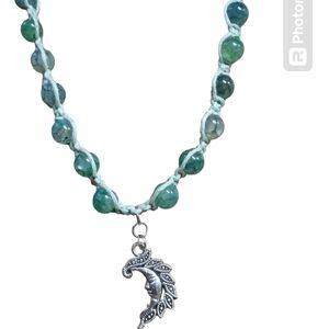 Light green Hemp Necklace with Crescent Moon Pendant